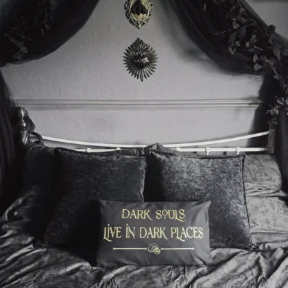 Dark Souls Live in Dark Places gothic cushion cover styled on a dark gothic bed