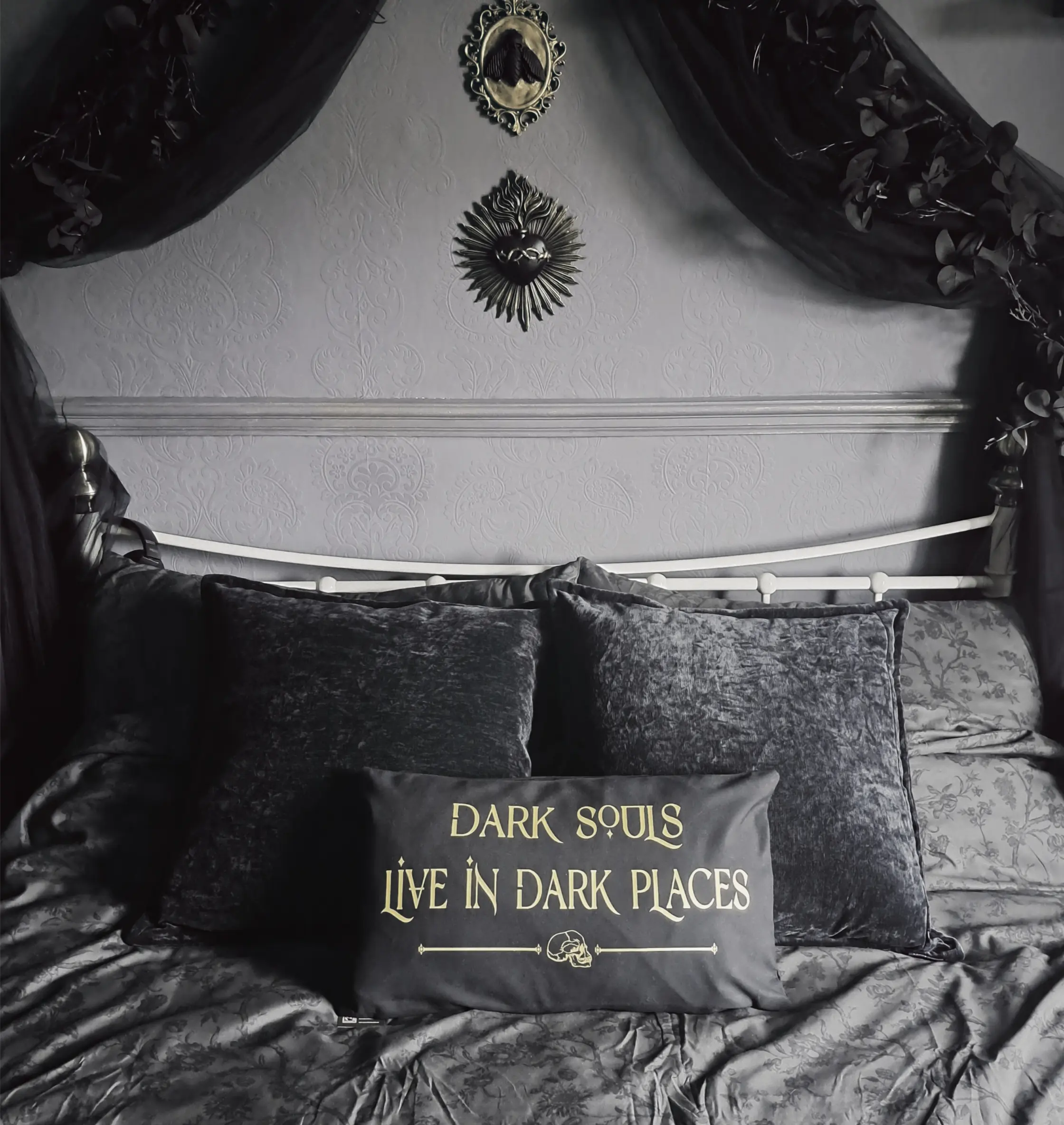 Dark Souls Live in Dark Places gothic cushion cover styled on a dark gothic bed
